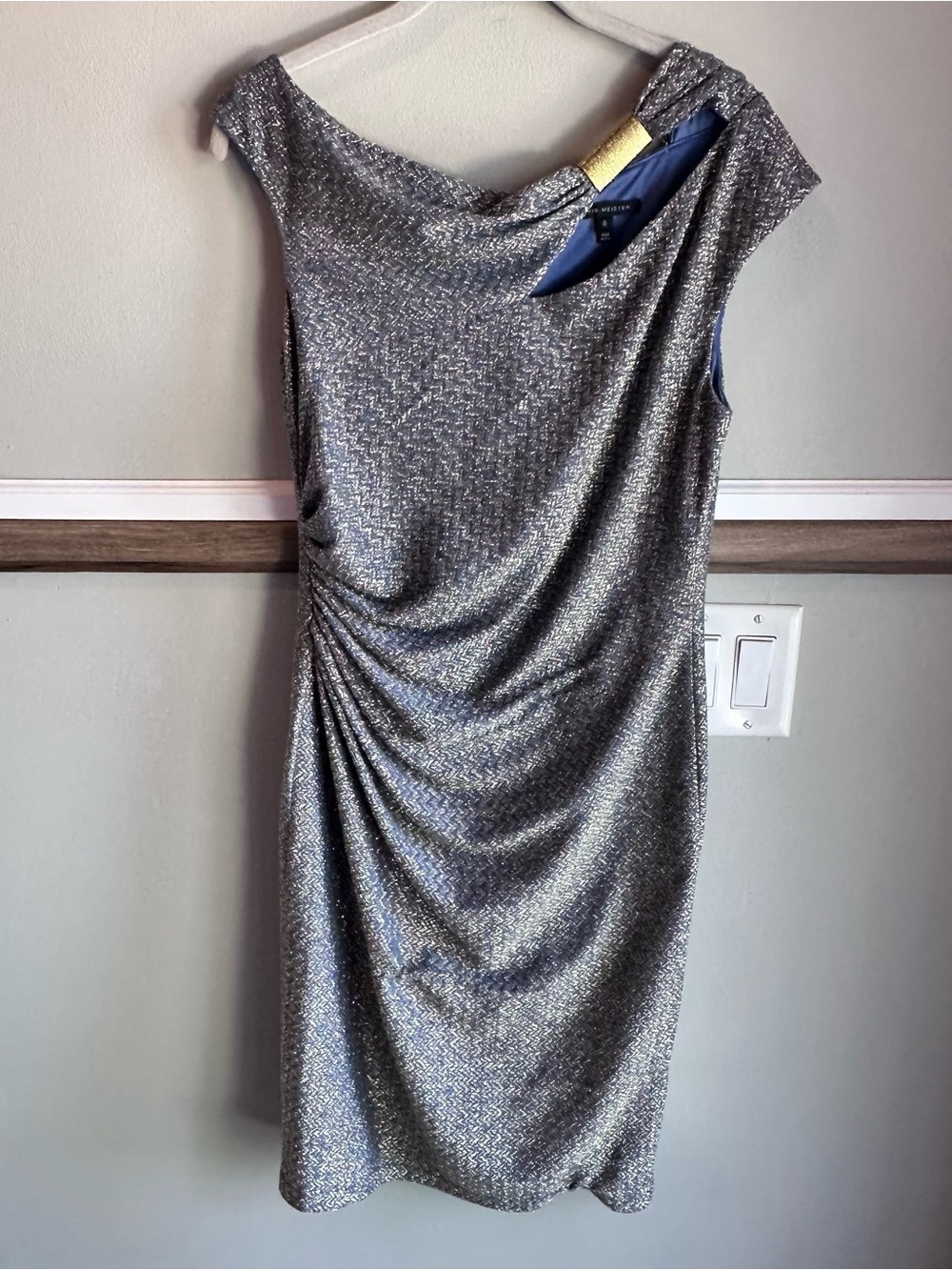 David Meister Evening Cocktail Shift Dress Blue Gold Metallic